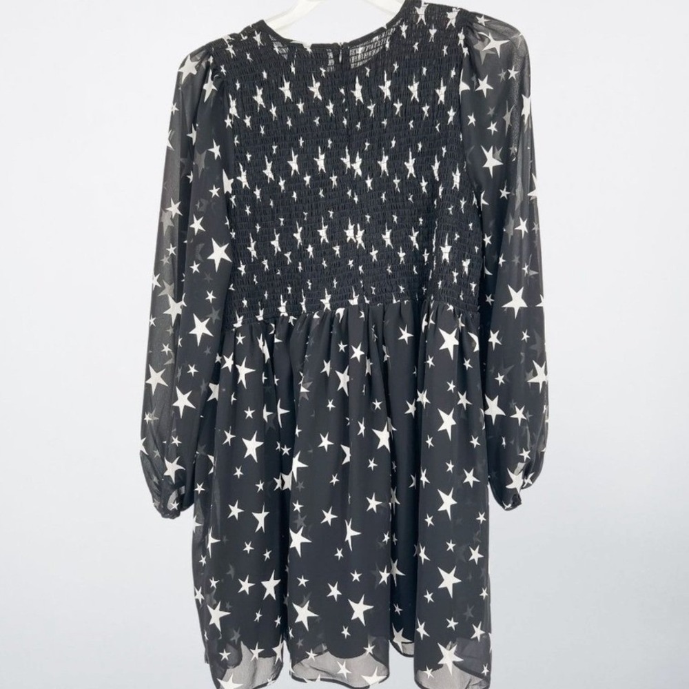 ASOS DESIGN Star Print Smocked Mini Dress Black White Celestial Long Sleeve‎ 14